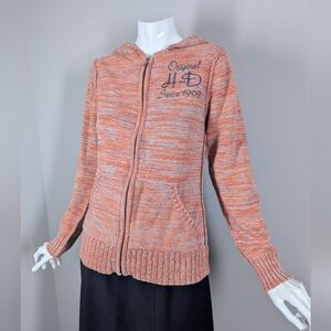 Harley-Davidson Orange Knit Zip-Up Hoodie | Logo Front & Back | Casual Layer | M